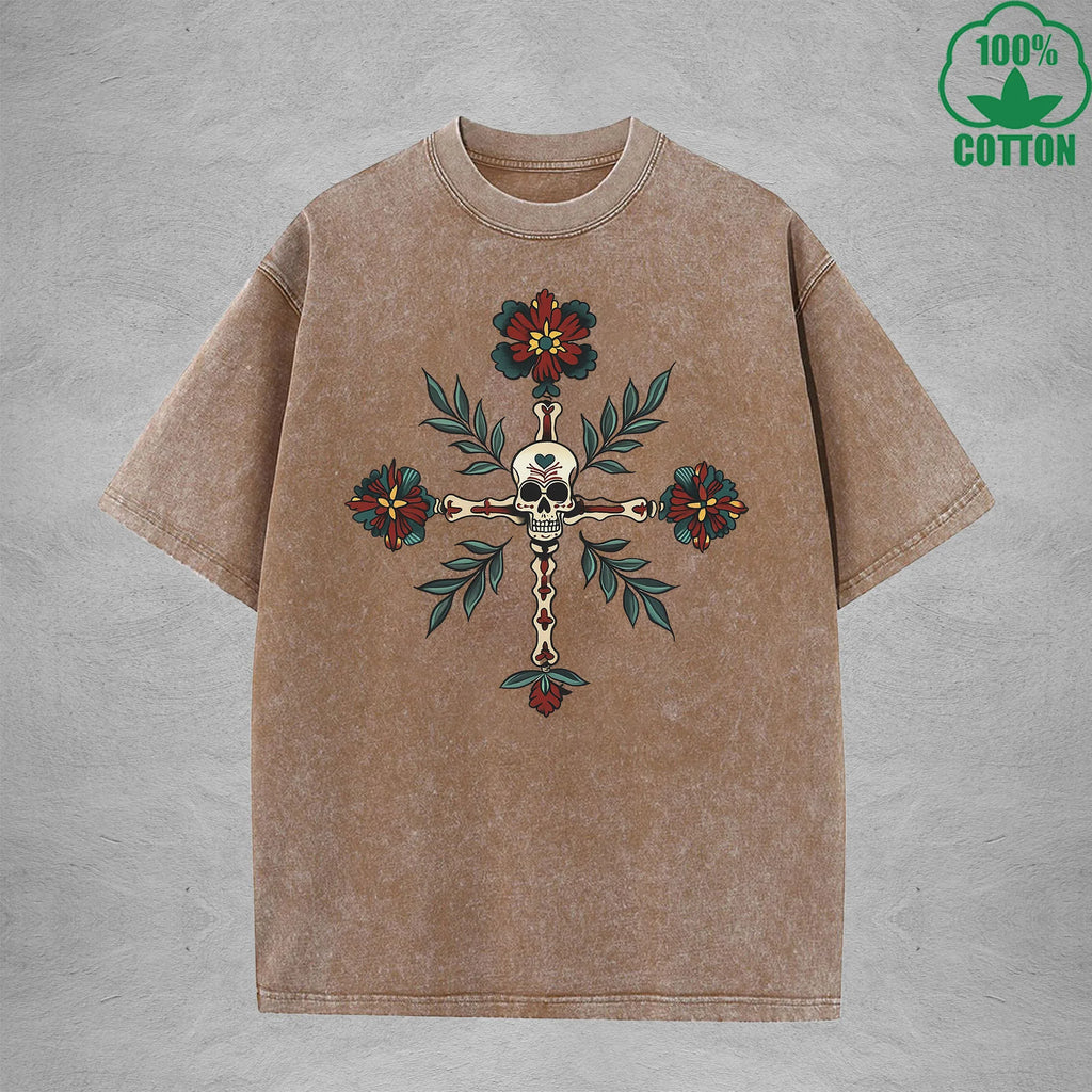 Skeleton Interest Printed Washed T-Shirt 230G Multicolor Loose Trendy Fashionable Cotton Short Sleeve Top