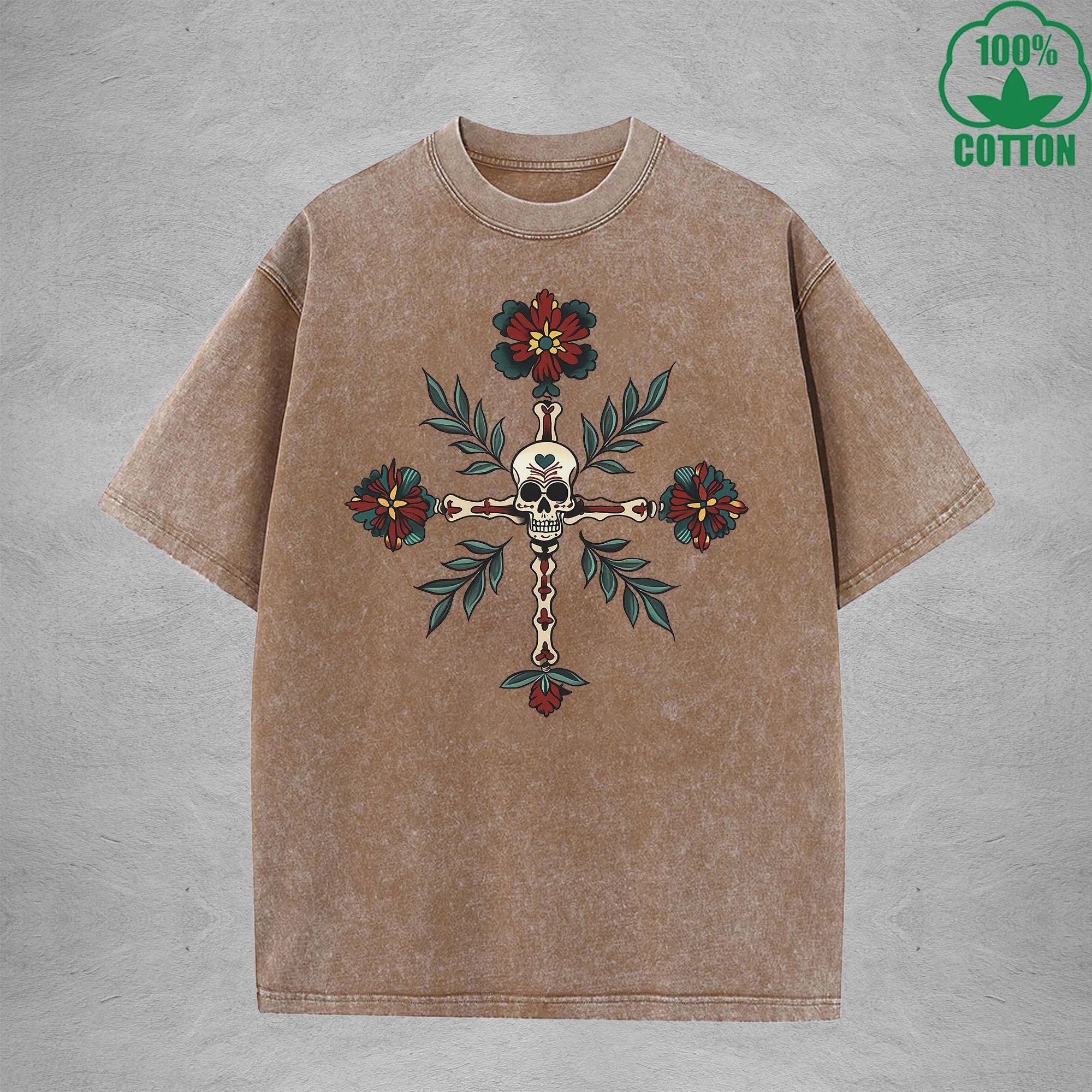 Skeleton Interest Printed Washed T-Shirt 230G Multicolor Loose Trendy Fashionable Cotton Short Sleeve Top