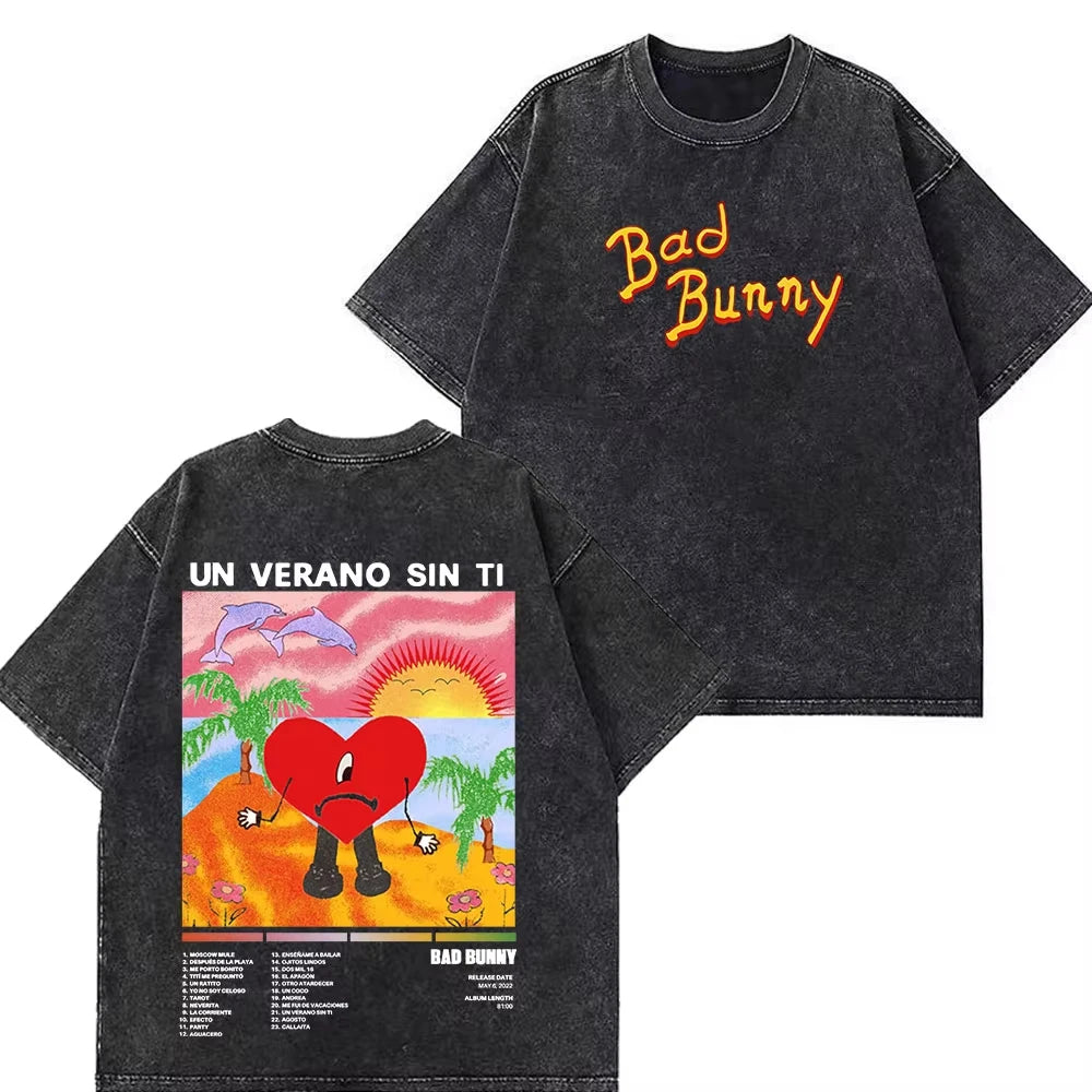 Rapper Bad Bunny Tour 2026 Debi Tirar Mas Fotos DTMF Merch Vintage Washed Tee Men's Women Fashion T Shirt Cotton Casual T-shirts