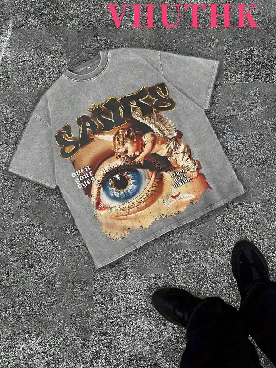 Denim Blue Cotton Tee With Religious Rock Star Graphic Print Streetwear Casual T-Shirt