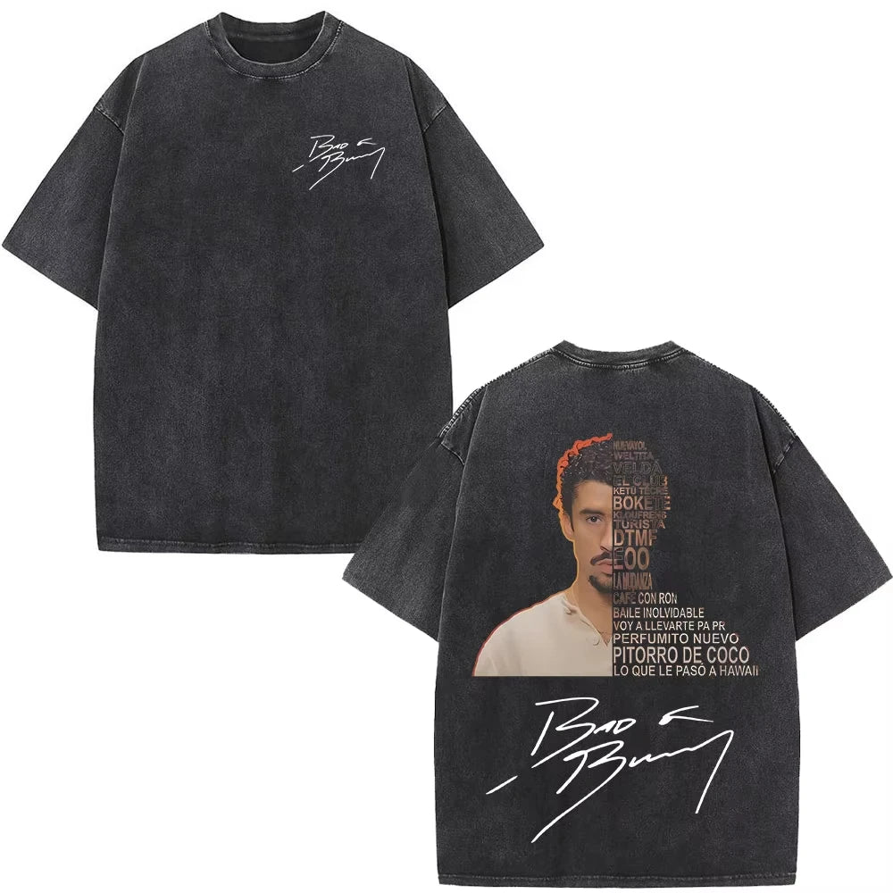 Rapper Bad Bunny Washed Vintage T-shirt Debi Tirar Mas Fotos DTMF World Tour T Shirts Men's Fashion Hip Hop T-shirts Streetwears
