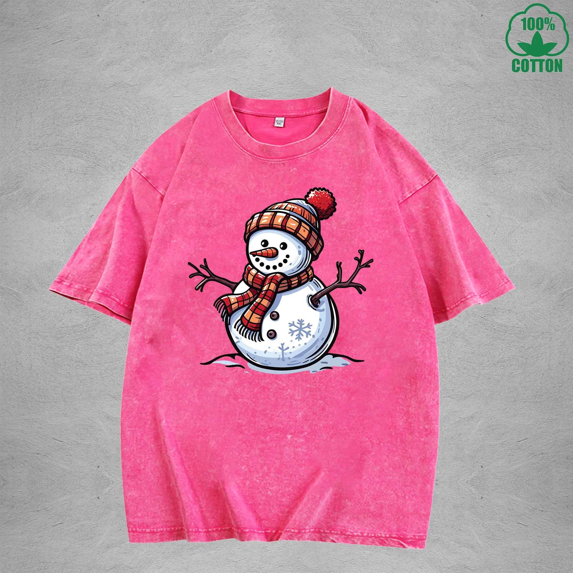 Christmas Snowman Interest Printed Washed T-Shirt 230G Multicolor Loose Trendy Fashionable Cotton Short Sleeve Top