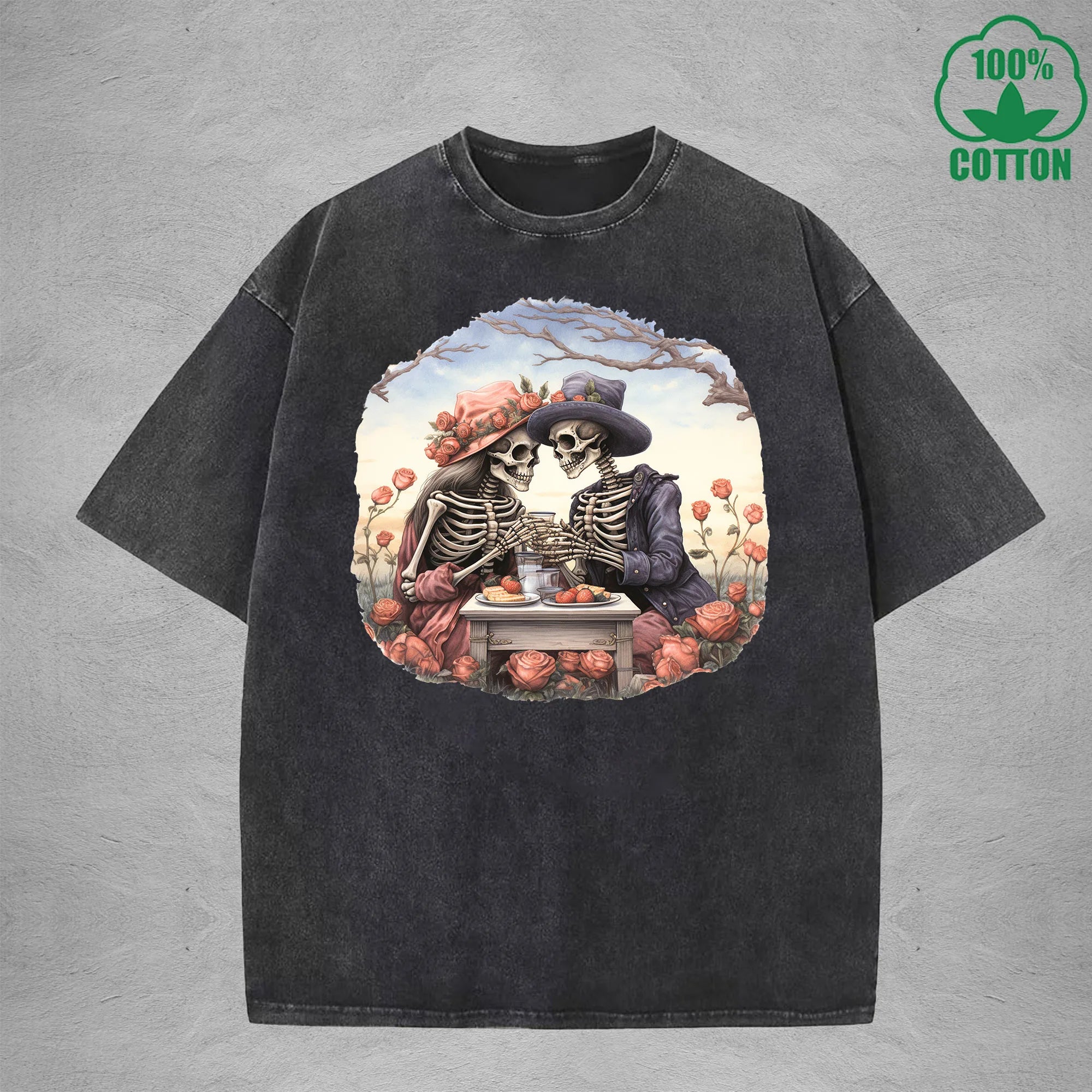 Romantic Afternoon Tea Interesting Printed Washed T-Shirt 230G Multicolor Loose Trendy Fashionable Cotton Short Sleeve Top
