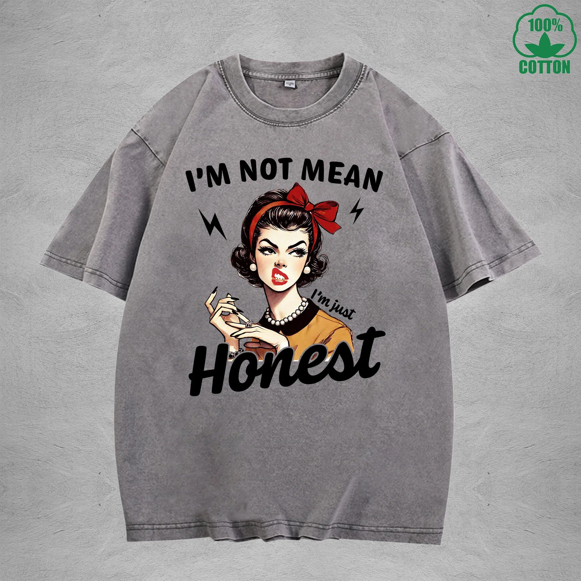 I'm Not MeanInterest Printed Washed T-Shirt 230G Loose Trendy Fashionable 100%Cotton Short Sleeve Top