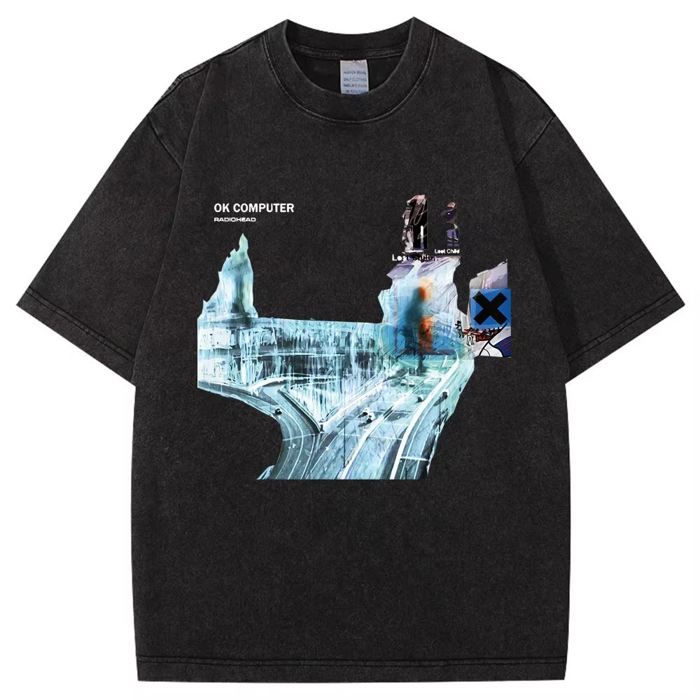Washed Rock Band Radiohead The Bends Retro Tshirt Men Women Fashion Hip Hop Gothic T Shirt Oversized Cotton Casual Male T-shirts
