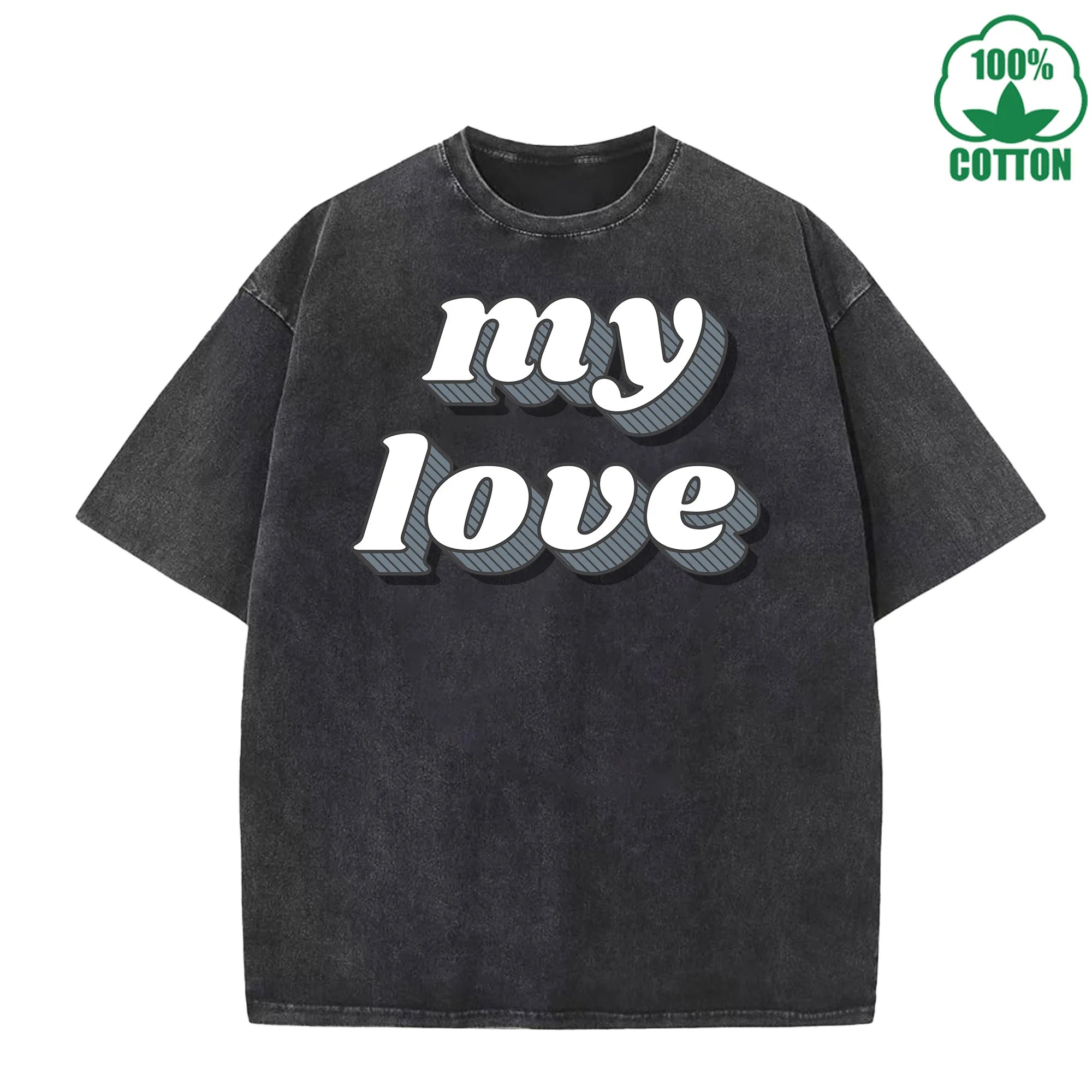 My Love Printed Multicolor Washed T-Shirt 230G American Style Loose Trendy Fashionable Cotton Short Sleeve Top