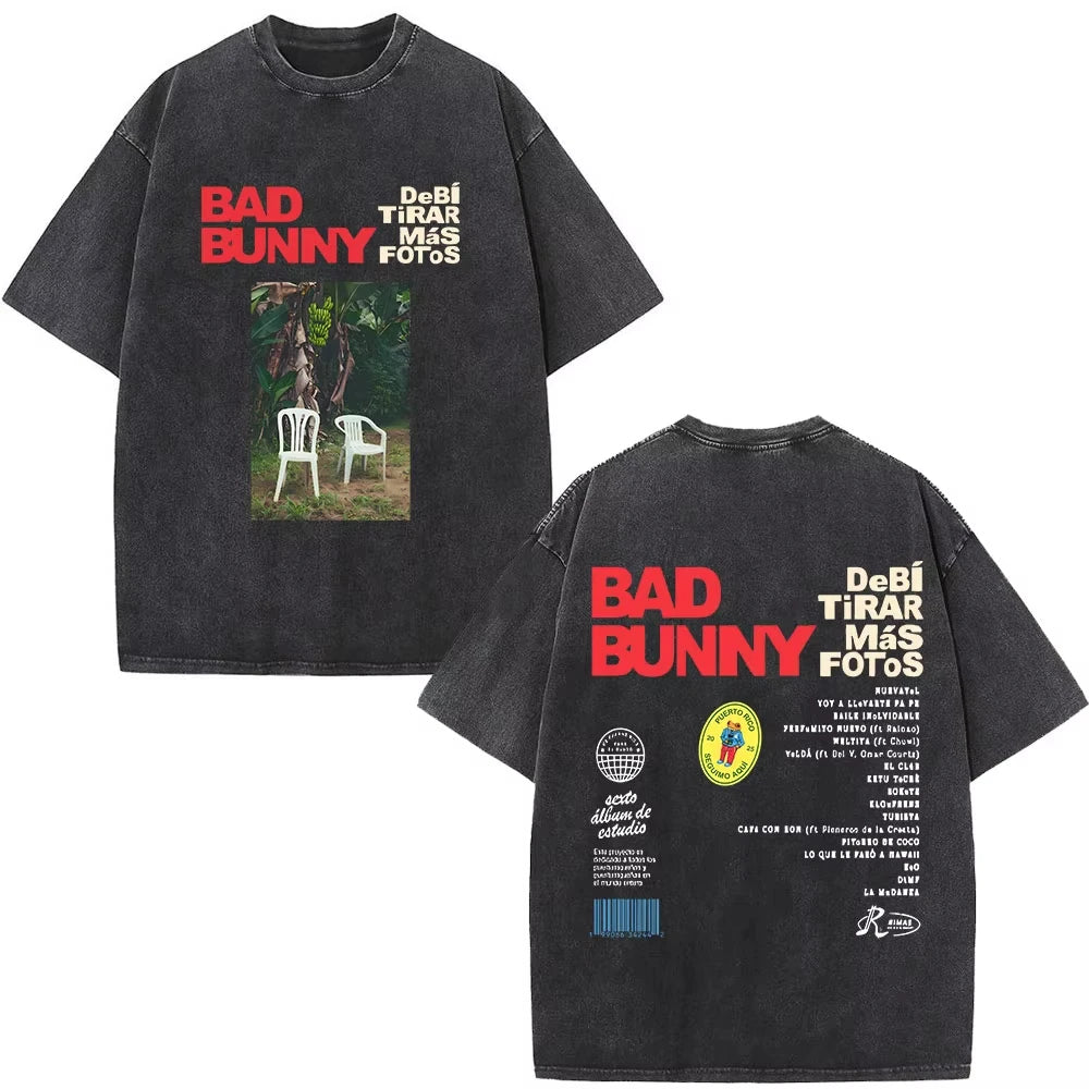 Rapper Bad Bunny Washed Vintage T-shirt Debi Tirar Mas Fotos DTMF World Tour T Shirts Men's Fashion Hip Hop T-shirts Streetwears
