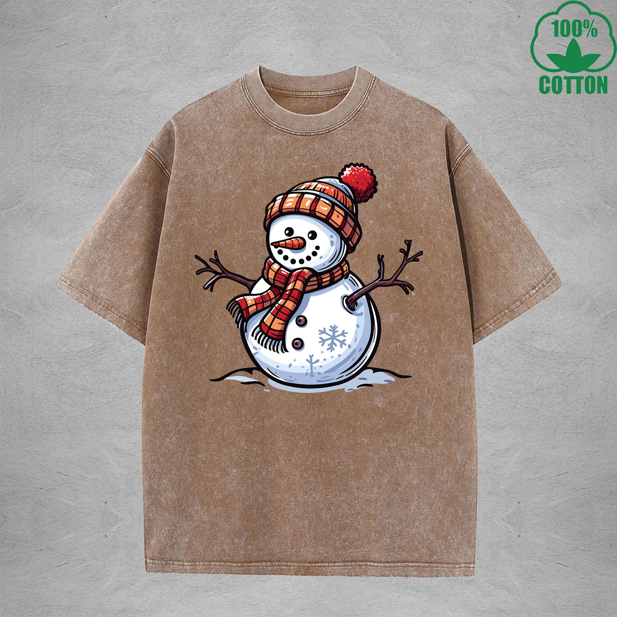 Christmas Snowman Interest Printed Washed T-Shirt 230G Multicolor Loose Trendy Fashionable Cotton Short Sleeve Top
