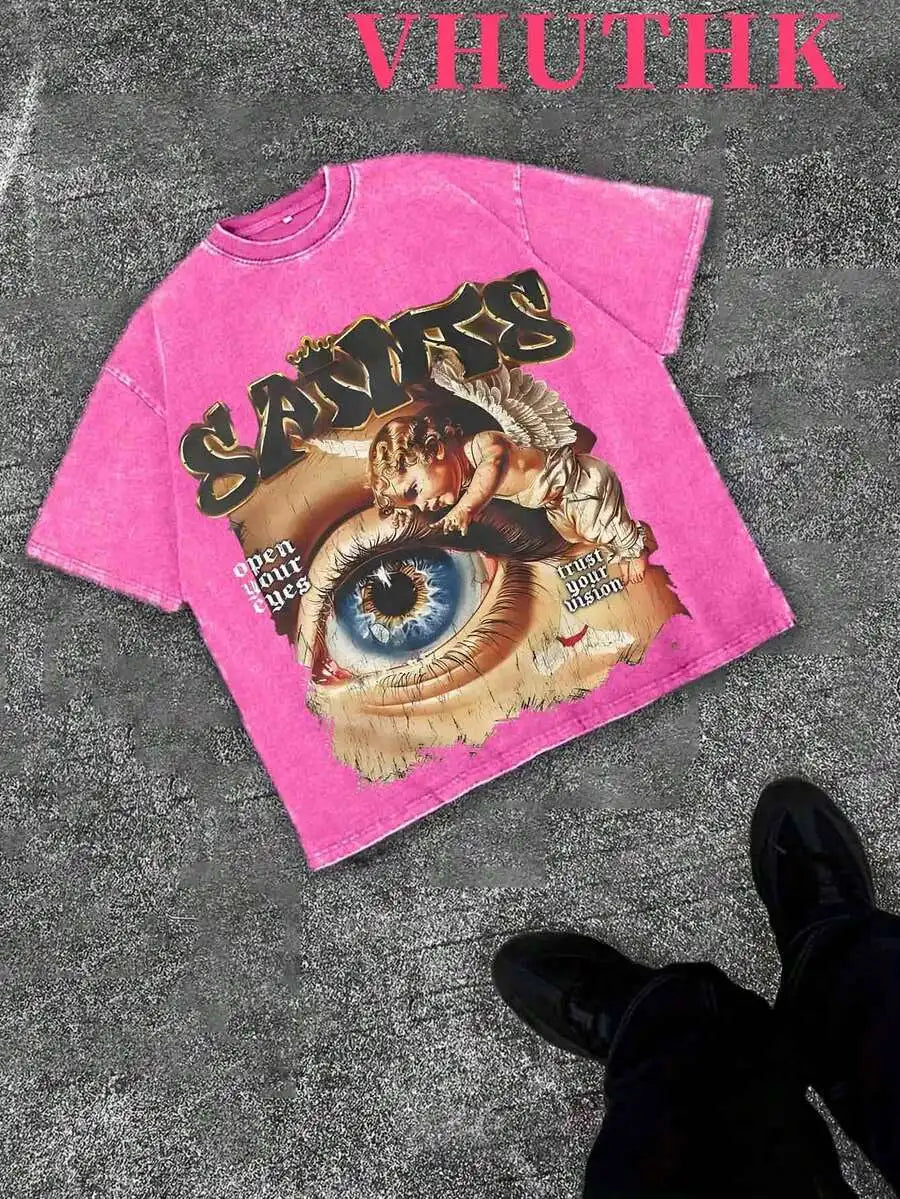 Denim Blue Cotton Tee With Religious Rock Star Graphic Print Streetwear Casual T-Shirt