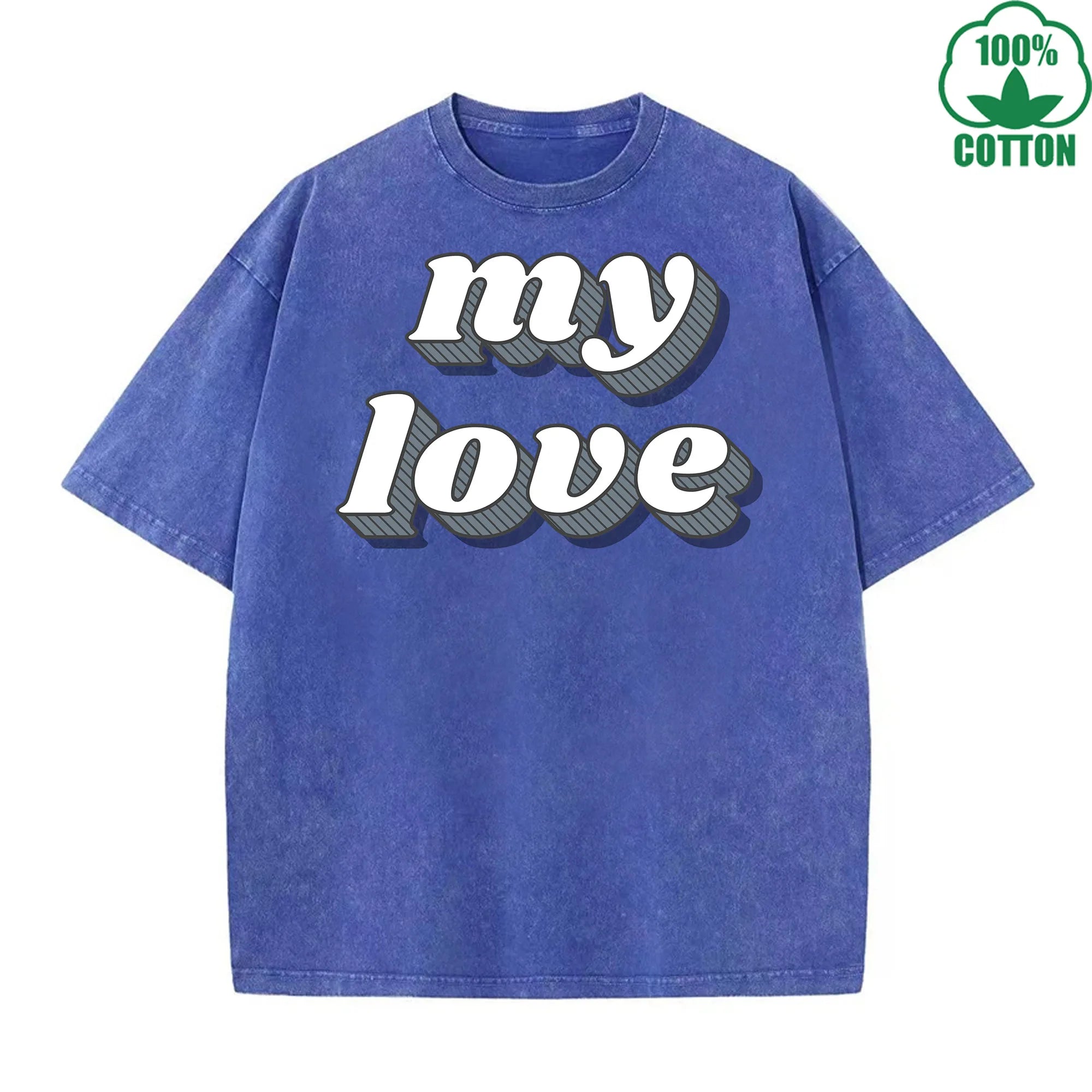 My Love Printed Multicolor Washed T-Shirt 230G American Style Loose Trendy Fashionable Cotton Short Sleeve Top