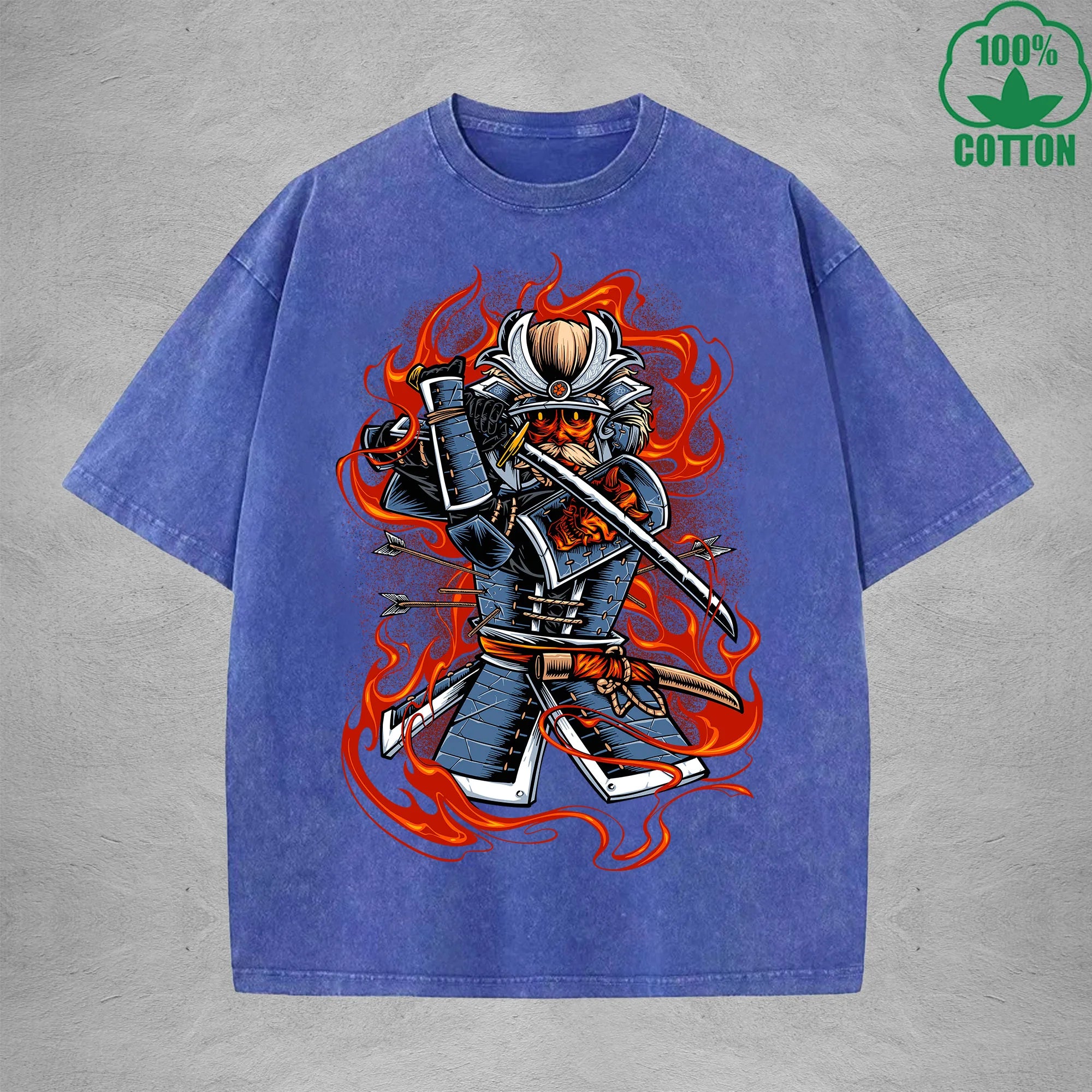 Ghost Samurai Interest Printed Washed T-Shirt 230G Multicolor Loose Trendy Fashionable Cotton Short Sleeve Top