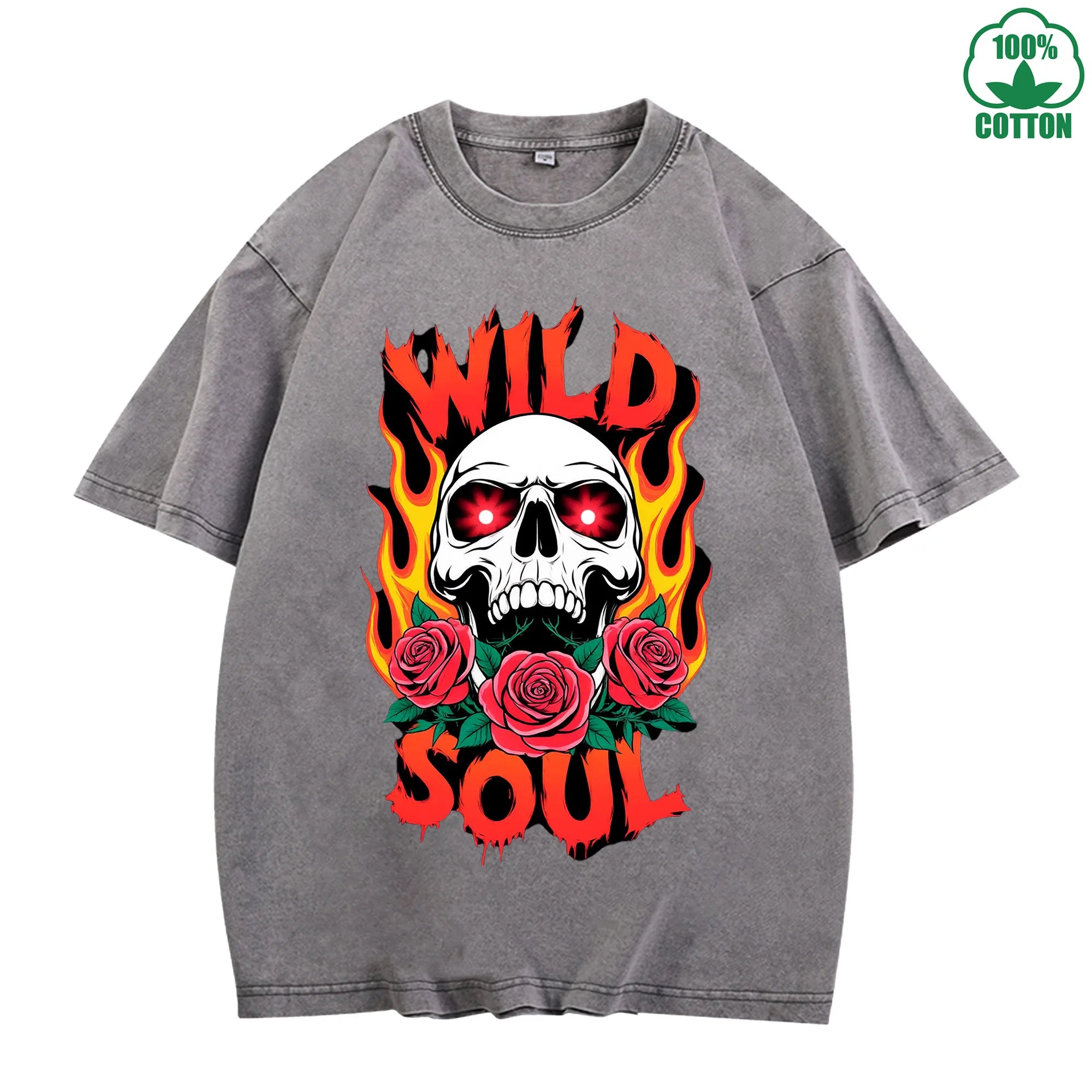 WILD SOUL Printed American Style Fashion Washed T-Shirt 230G Multicolor Loose Trendy Fashionable Cotton Short Sleeve Top