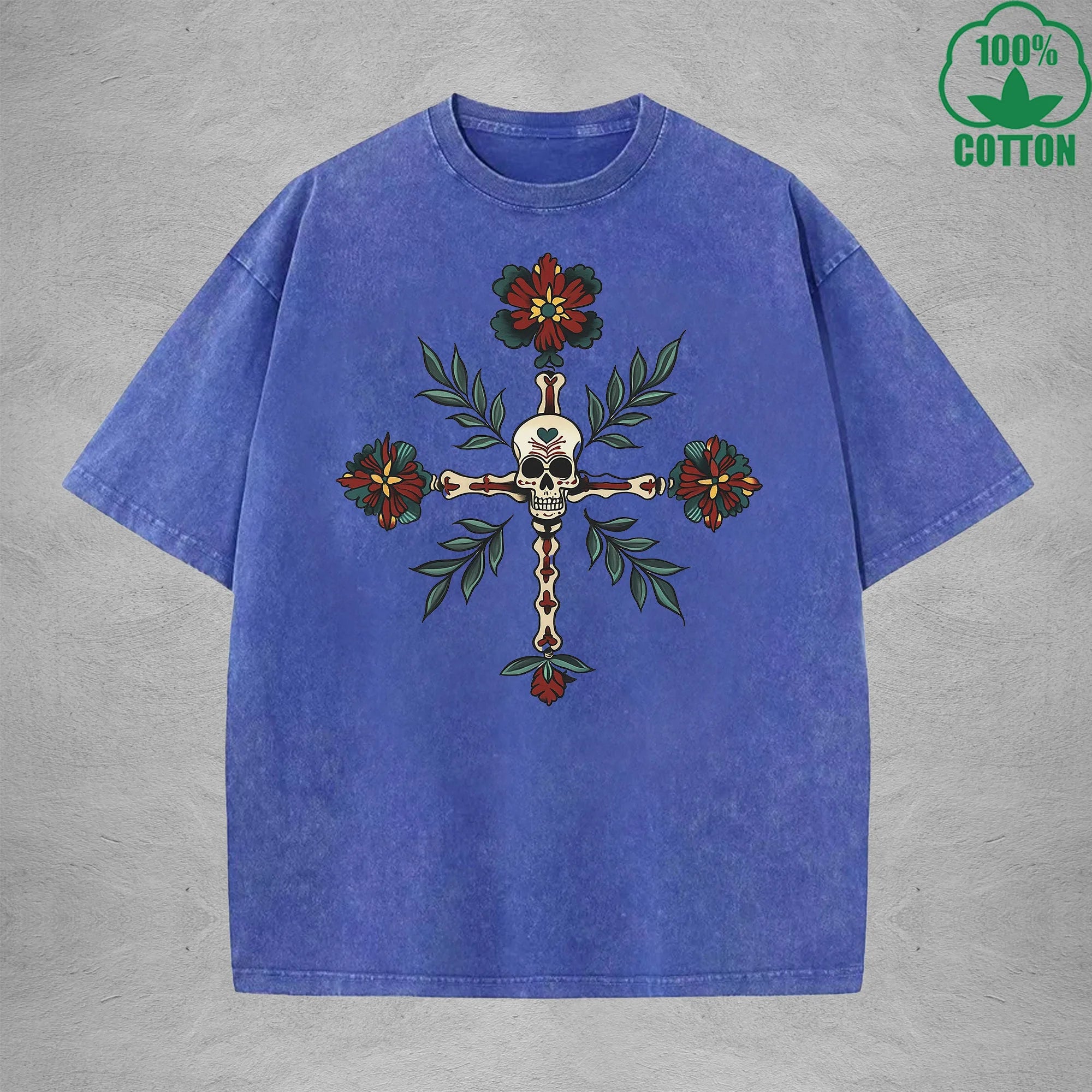 Skeleton Interest Printed Washed T-Shirt 230G Multicolor Loose Trendy Fashionable Cotton Short Sleeve Top