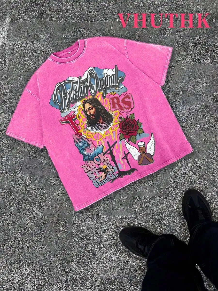 Denim Blue Cotton Tee With Religious Rock Star Graphic Print Streetwear Casual T-Shirt