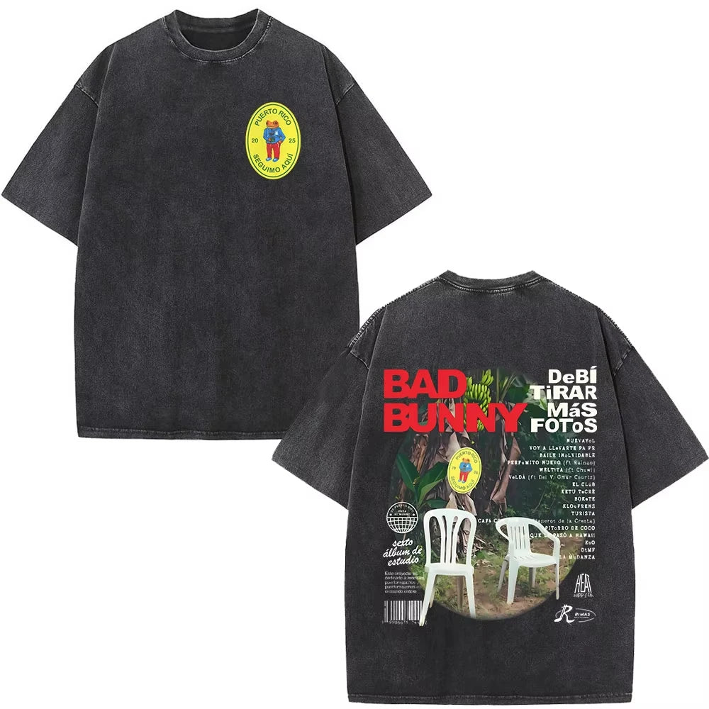Rapper Bad Bunny Washed Vintage T-shirt Debi Tirar Mas Fotos DTMF World Tour T Shirts Men's Fashion Hip Hop T-shirts Streetwears