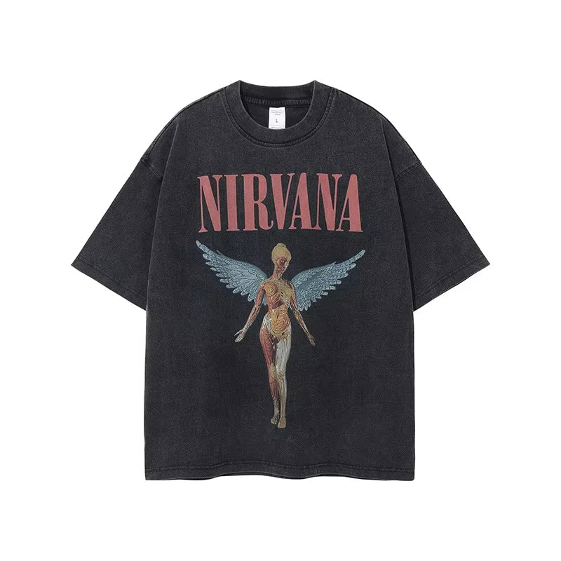 Nirvana rock band men's Retro cotton Washed Tee In Utero album man Women's oversized Y2K distress Tshirt Casual Loose streetwear