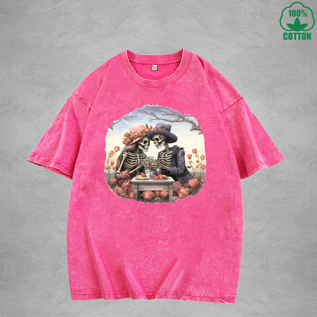 Romantic Afternoon Tea Interesting Printed Washed T-Shirt 230G Multicolor Loose Trendy Fashionable Cotton Short Sleeve Top