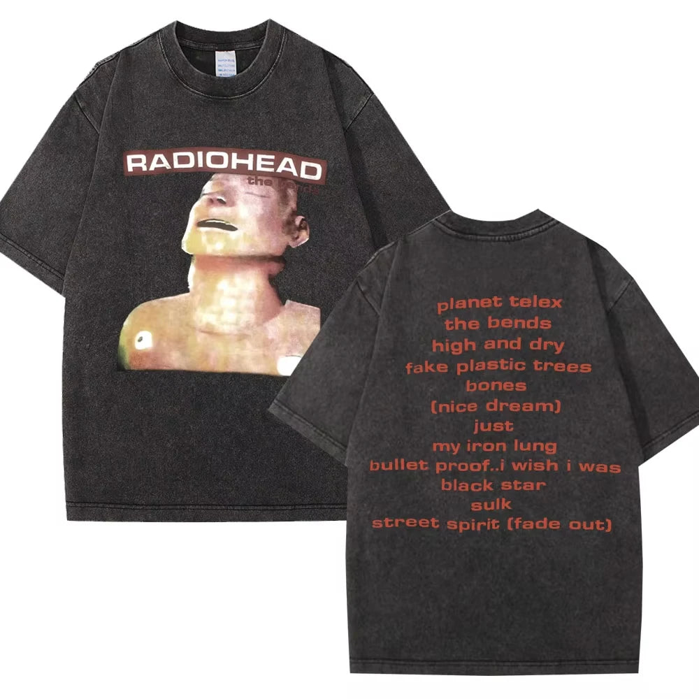 Washed Rock Band Radiohead The Bends Retro Tshirt Men Women Fashion Hip Hop Gothic T Shirt Oversized Cotton Casual Male T-shirts