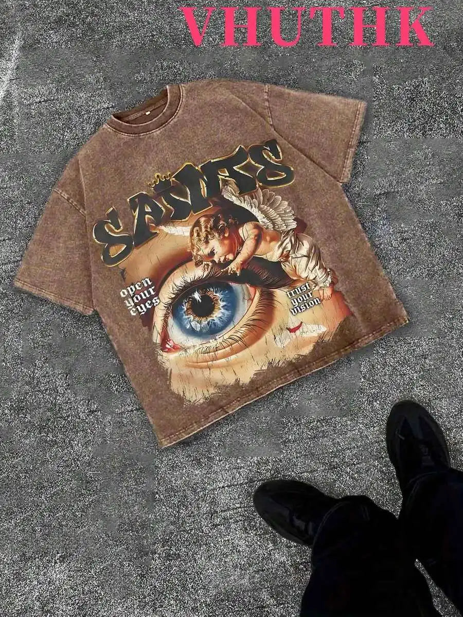 Denim Blue Cotton Tee With Religious Rock Star Graphic Print Streetwear Casual T-Shirt