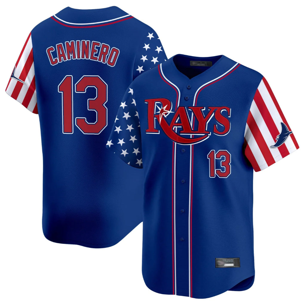 Tampa Bay Rays #13 Junior Caminero Player Royal 2025 Independence Day Vapor Premier Limited Stitched Baseball Jersey