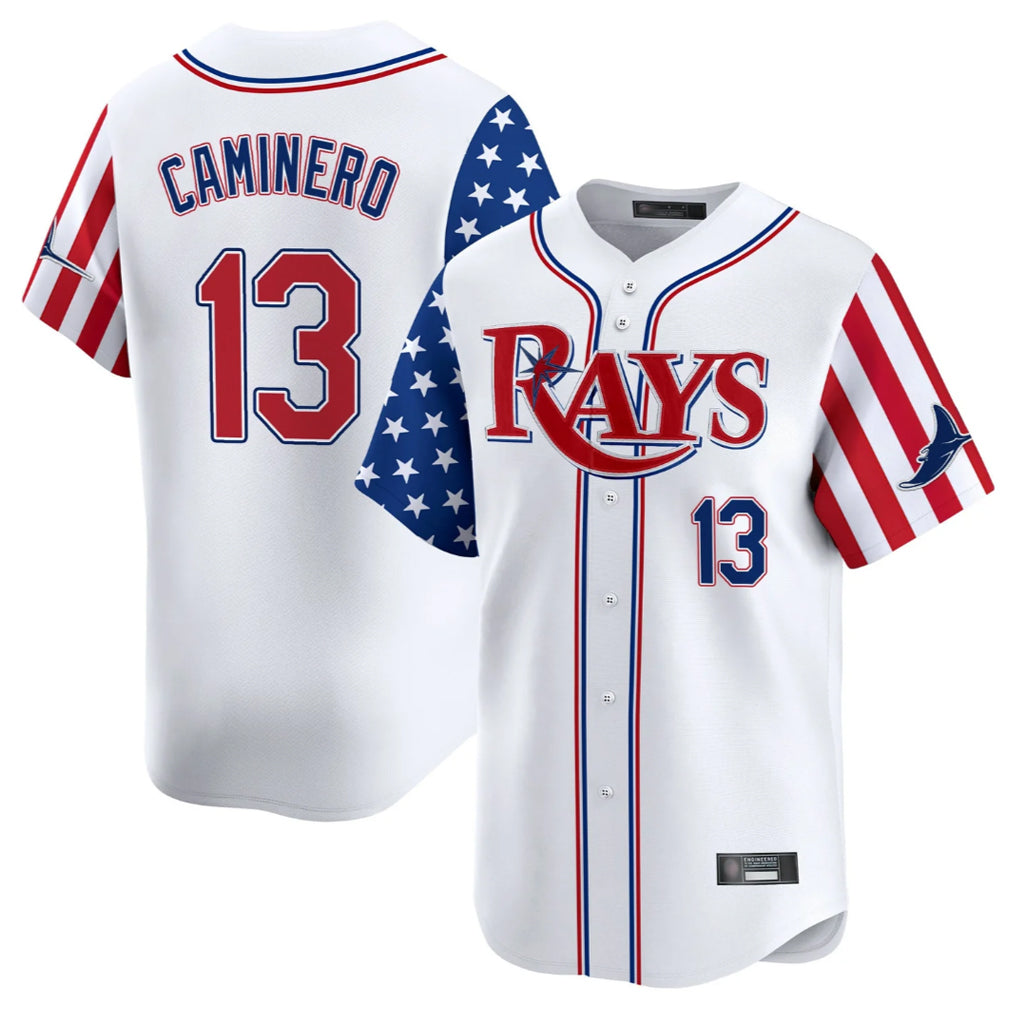 Tampa Bay Rays #13 Junior Caminero Player White 2025 Independence Day Vapor Premier Limited Stitched Baseball Jersey