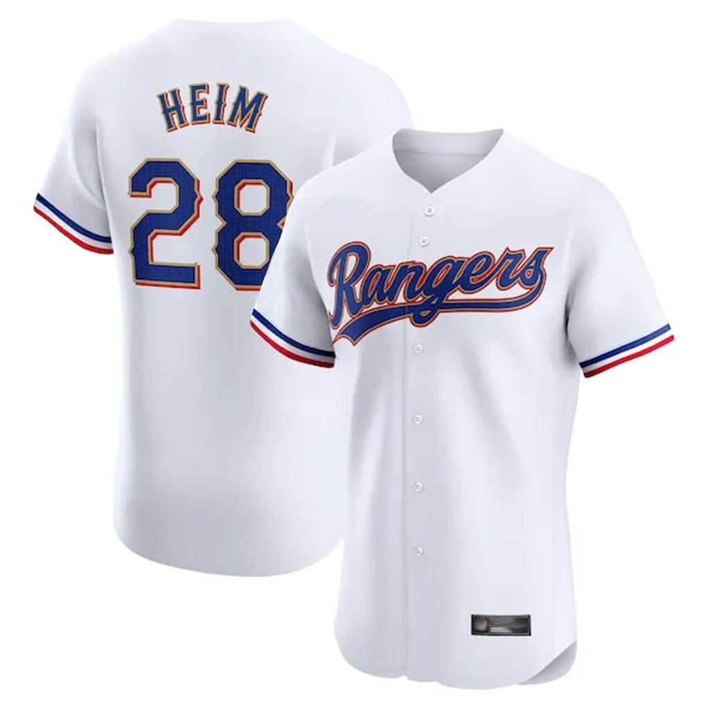 Texas Rangers #28 Jonah Heim Player White Gold Collection Limited Elite Stitched Baseball Jersey
