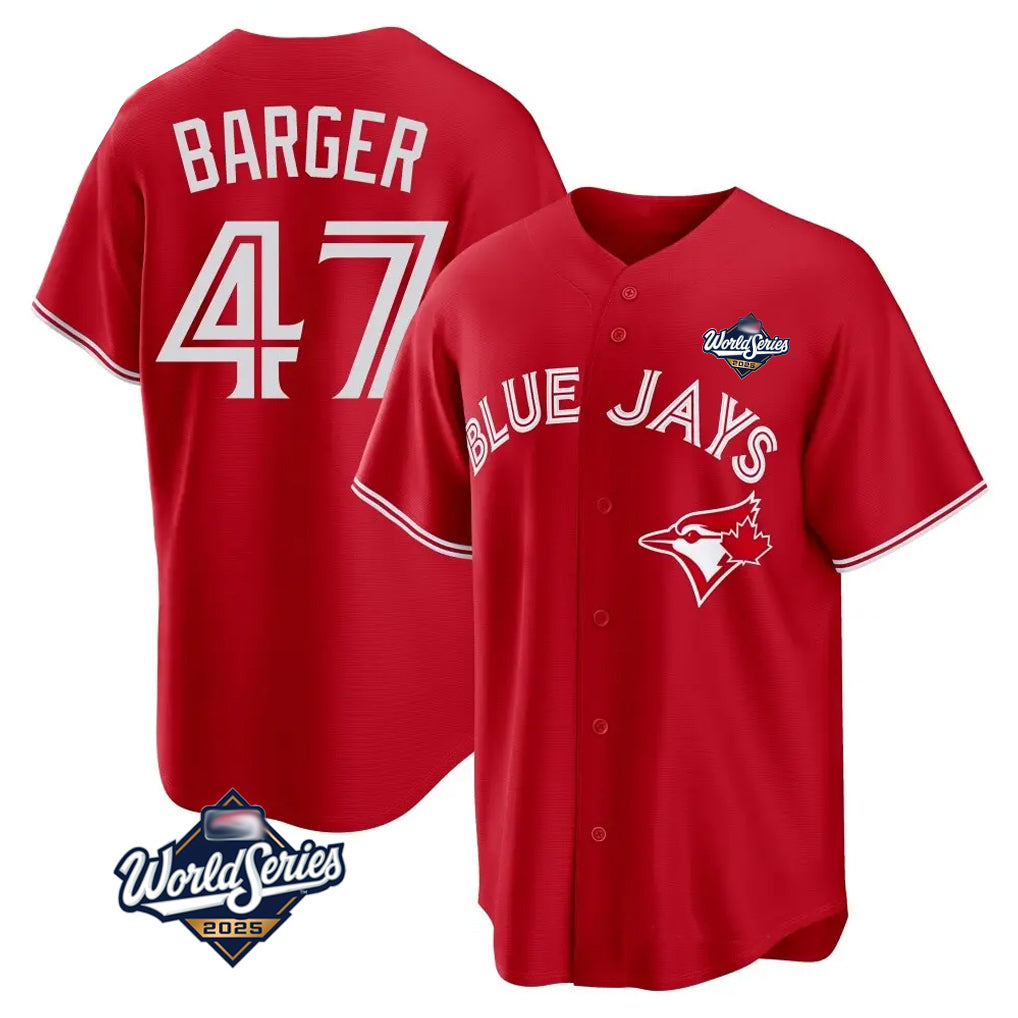 Toronto Blue Jays #47 Addison Barger Player Red 2025 World Series Game Stitched Baseball Jersey