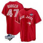 Toronto Blue Jays #47 Addison Barger Player Red 2025 World Series Game Stitched Baseball Jersey