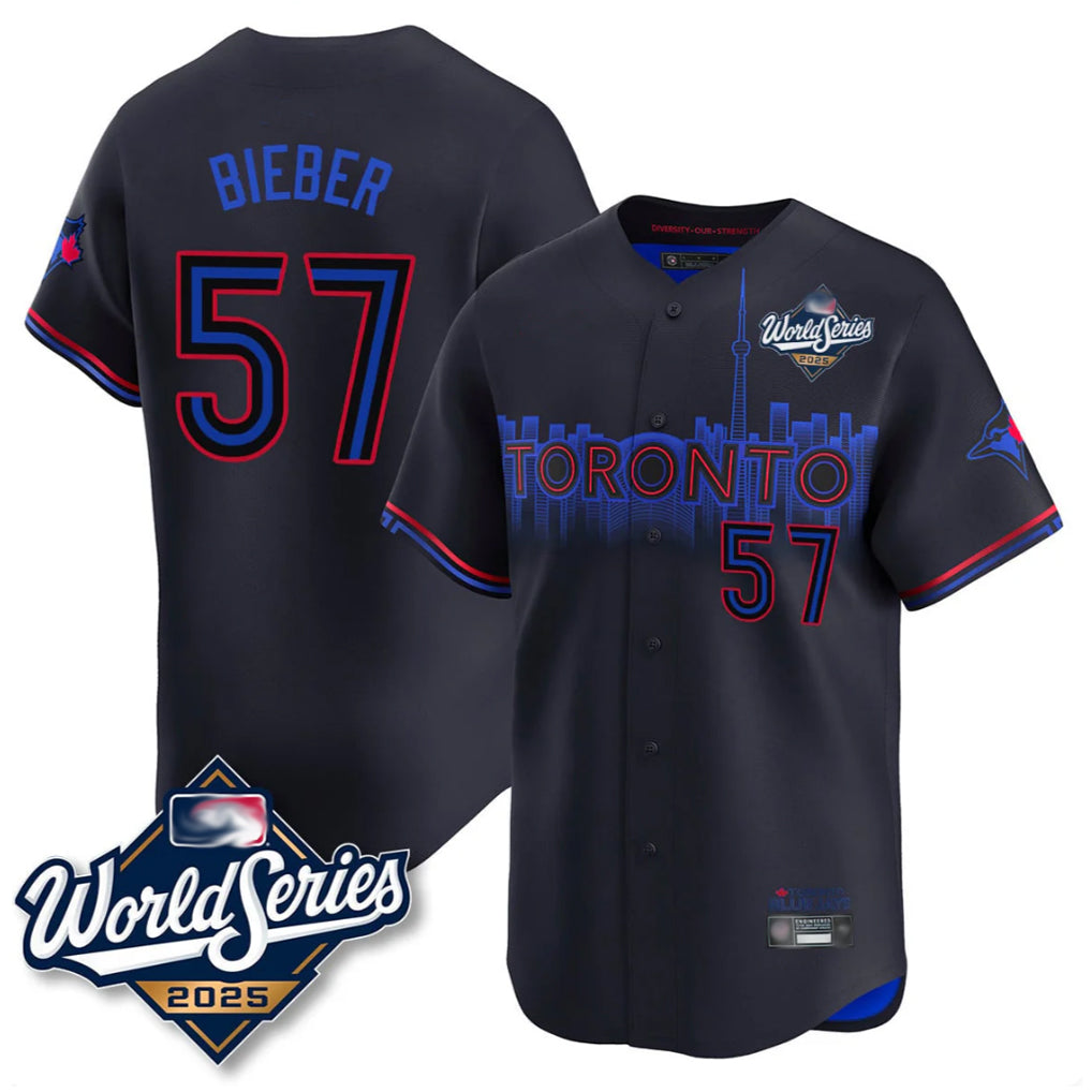 Toronto Blue Jays #57 Shane Bieber Player Black 2025 World Series City Connect All Stitched Baseball Jersey