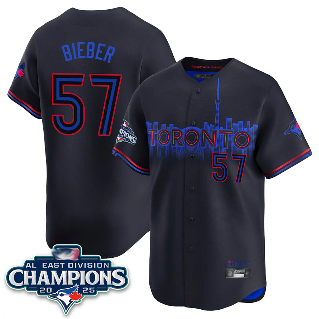 Toronto Blue Jays #57 Shane Bieber Player Black AL East Division City Connect Stitched Baseball Jersey