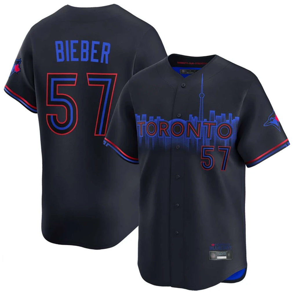 Toronto Blue Jays #57 Shane Bieber Player Black City Connect Limited Home Stitched Baseball Jersey