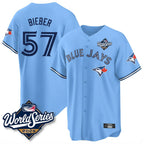 Toronto Blue Jays #57 Shane Bieber Player Blue 2025 World Series All Stitched Baseball Jersey