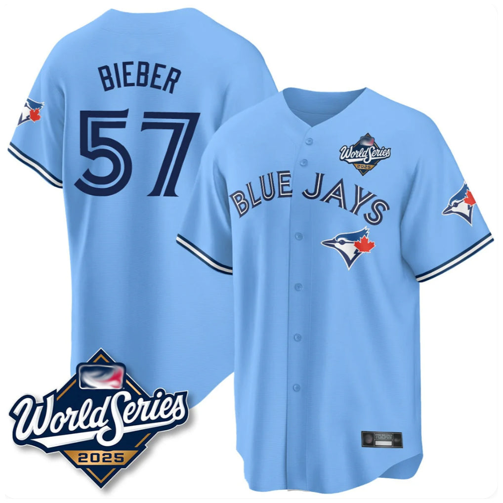 Toronto Blue Jays #57 Shane Bieber Player Blue 2025 World Series All Stitched Baseball Jersey