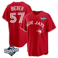 Toronto Blue Jays #57 Shane Bieber Player Red 2025 World Series All Stitched Baseball Jersey