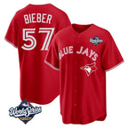 Toronto Blue Jays #57 Shane Bieber Player Red 2025 World Series All Stitched Baseball Jersey