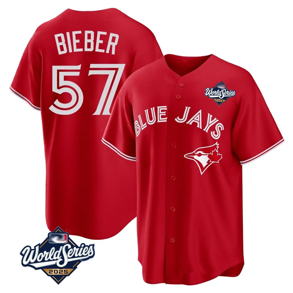 Toronto Blue Jays #57 Shane Bieber Player Red 2025 World Series All Stitched Baseball Jersey