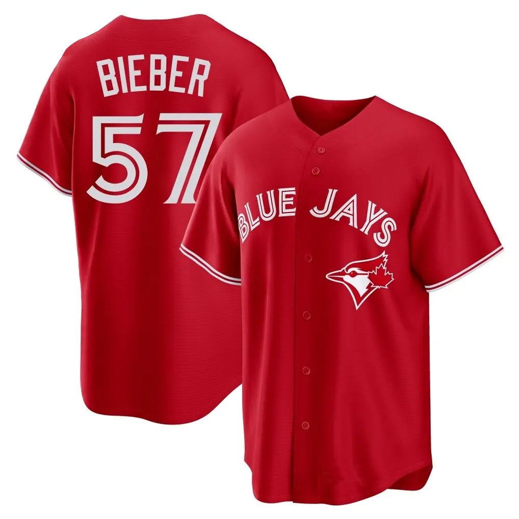 Toronto Blue Jays #57 Shane Bieber Player Red Home Stitched Baseball Jersey