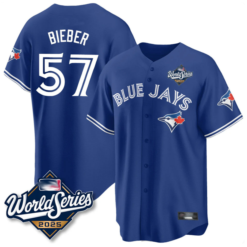 Toronto Blue Jays #57 Shane Bieber Player Royal 2025 World Series All Stitched Baseball Jersey