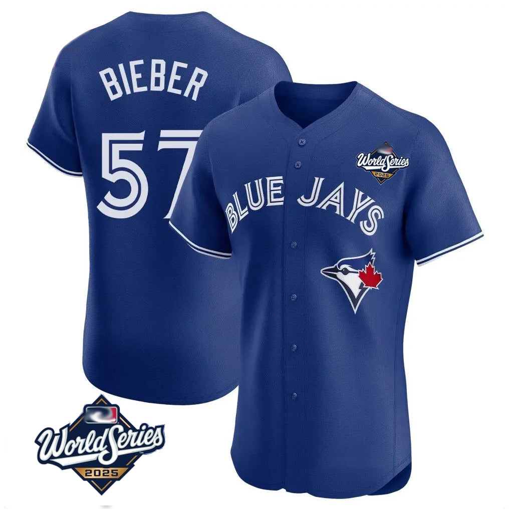 Toronto Blue Jays #57 Shane Bieber Player Royal 2025 World Series Elite All Stitched Baseball Jersey