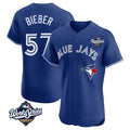 Toronto Blue Jays #57 Shane Bieber Player Royal 2025 World Series Elite All Stitched Baseball Jersey