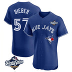Toronto Blue Jays #57 Shane Bieber Player Royal 2025 World Series Elite All Stitched Baseball Jersey