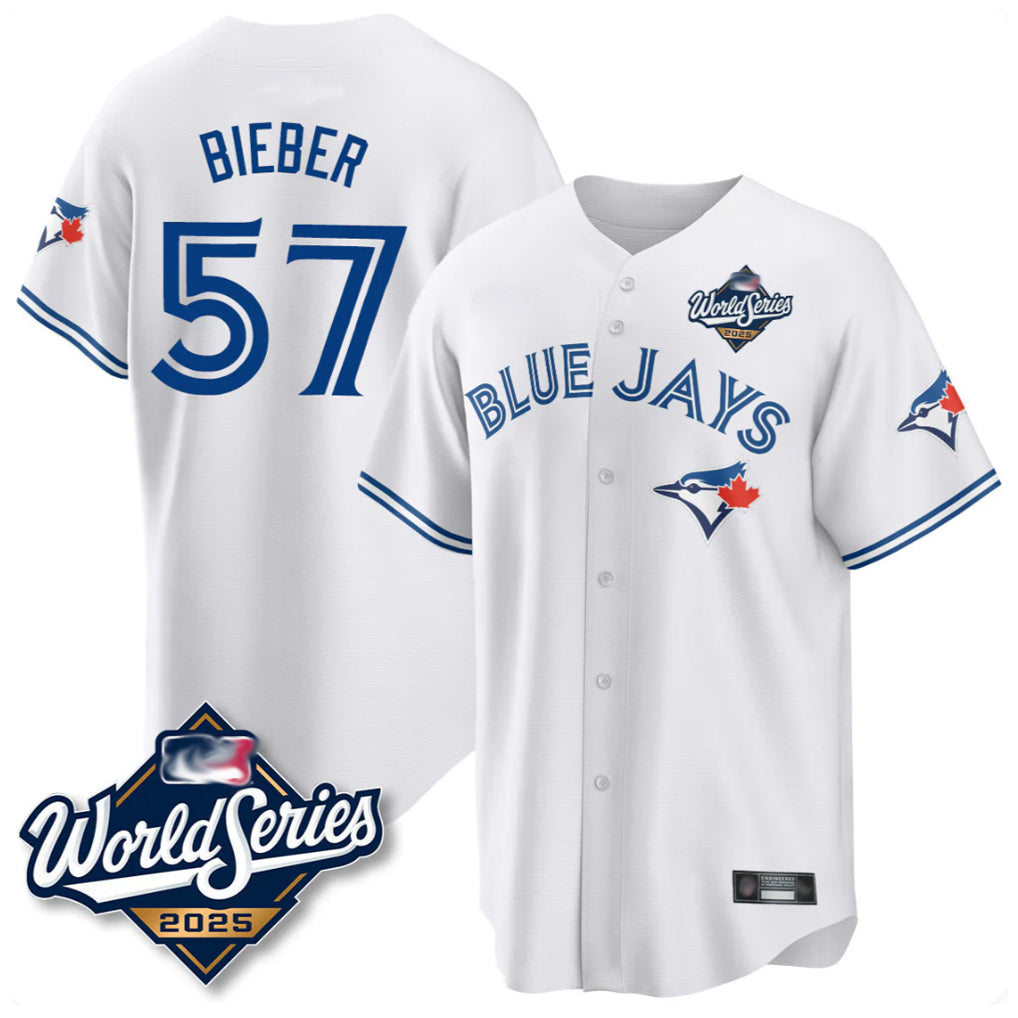 Toronto Blue Jays #57 Shane Bieber Player White 2025 World Series All Stitched Baseball Jersey