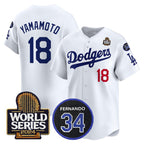 Los Angeles Dodgers #18 Yoshinobu Yamamoto White Jereymy 2024 World Series With Fernando Memorial Patch Limited Stitched Jersey