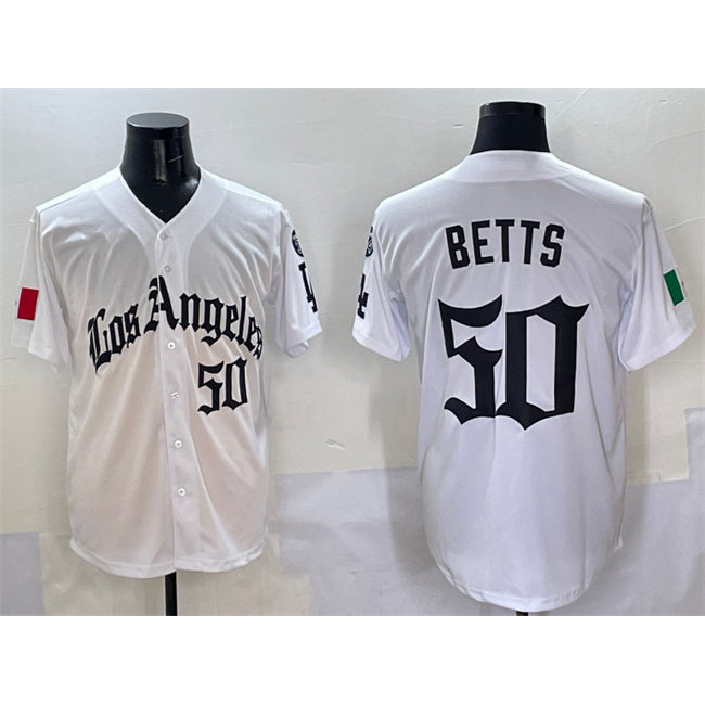Los Angeles Dodgers #50 Mookie Betts White Jereymy Mexico 2025 LA Gothic Style With Fernando Patch Vapor Premier Limited Stitched Jersey