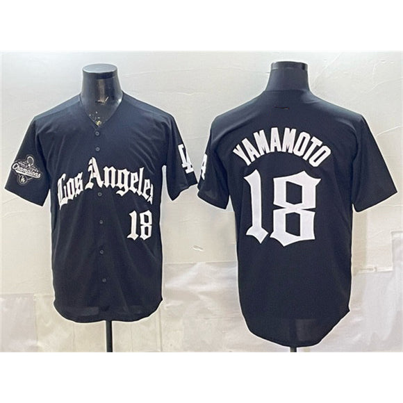 Los Angeles Dodgers #18 Yoshinobu Yamamoto Black Jereymy LA Gothic Style With 2025 World Series Champions Patch Limited Stitched Jersey