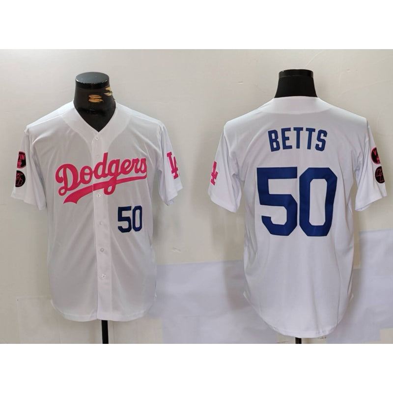 Los Angeles Dodgers #50 Mookie Betts White Pink Jereymy Vin & Kobe Patch Stitched Jerseys