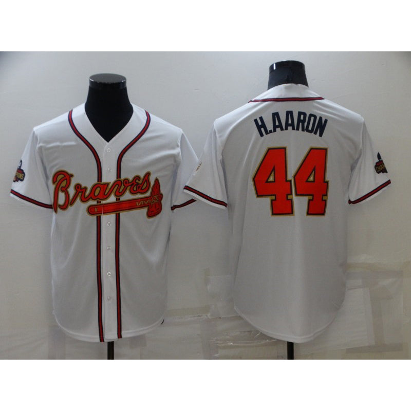 Atlanta Braves #44 Hank Aaron 2022 White Gold Jereymy World Series Champions Program Cool Base Stitched Jersey