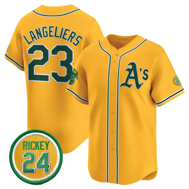 Oakland Athletics #23 Shea Langeliers Yellow Jereymy 2024 Limited With Rickey Henderson Patch Stitched Jersey