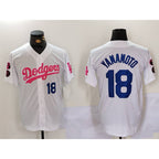Los Angeles Dodgers #18 Yoshinobu Yamamoto White Pink Jereymy Vin & Kobe Patch Stitched Jersey 2