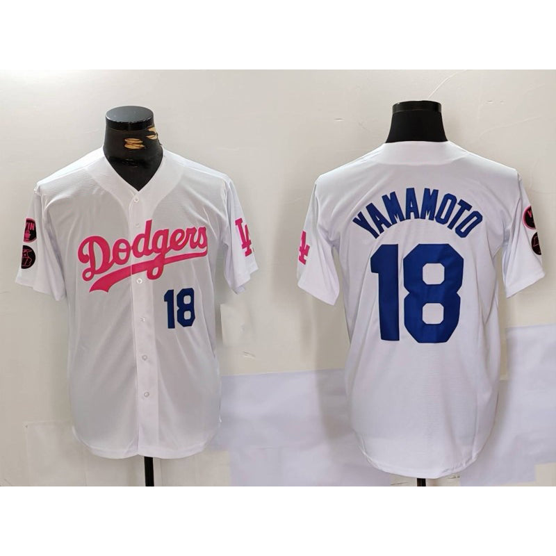 Los Angeles Dodgers #18 Yoshinobu Yamamoto White Pink Jereymy Vin & Kobe Patch Stitched Jersey 2